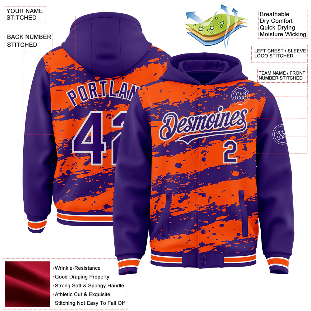 Custom Orange Purple-White Splash 3D Pattern Design Bomber Full-Snap Varsity Letterman Hoodie Jacket - Image 4