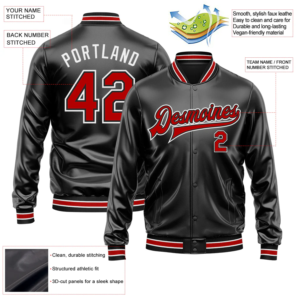Custom Black Red-White Bomber Full-Snap Varsity Faux Leather Letterman Jacket - Image 2