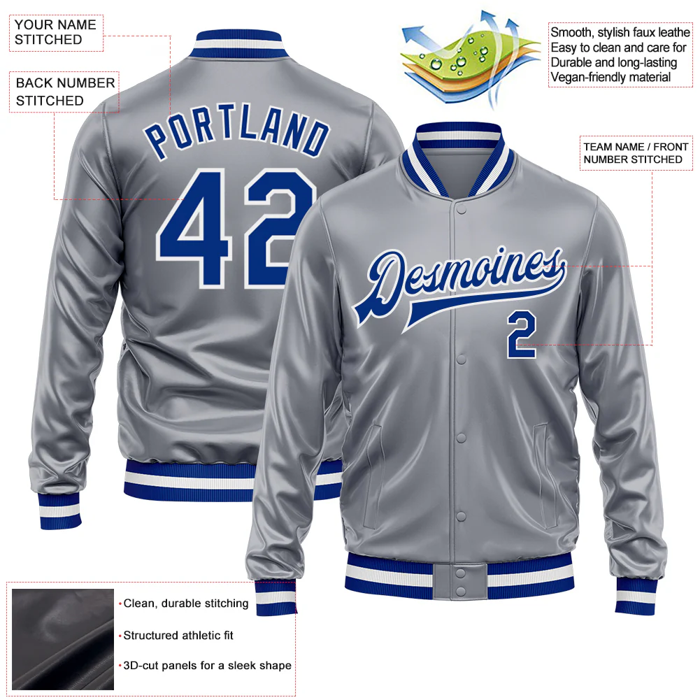 Custom Gray Royal-White Bomber Full-Snap Varsity Faux Leather Letterman Jacket - Image 2