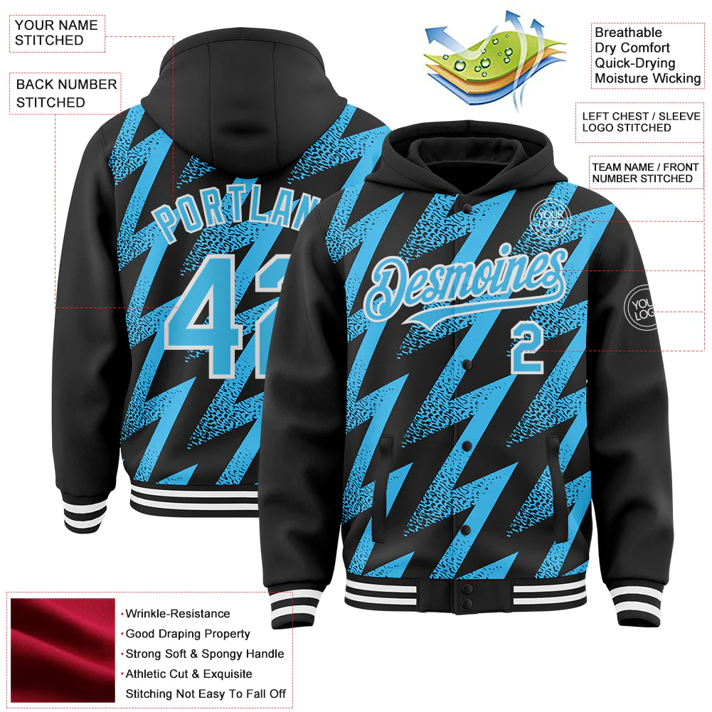 Custom Black Sky Blue-White Zigzag Shape 3D Pattern Design Bomber Full-Snap Varsity Letterman Hoodie Jacket - Image 4