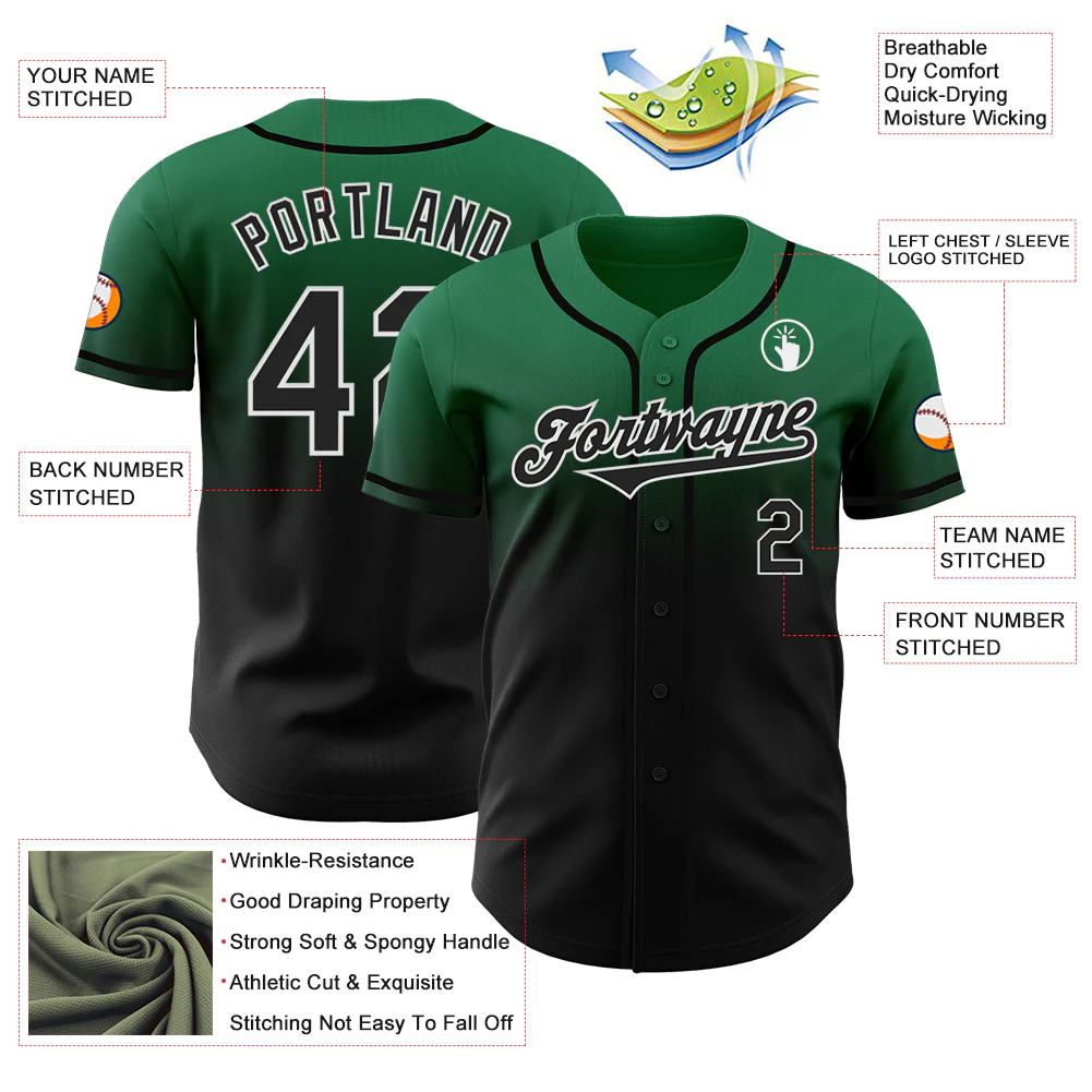 Custom Kelly Green Black-White Authentic Fade Fashion Baseball Jersey - Image 3