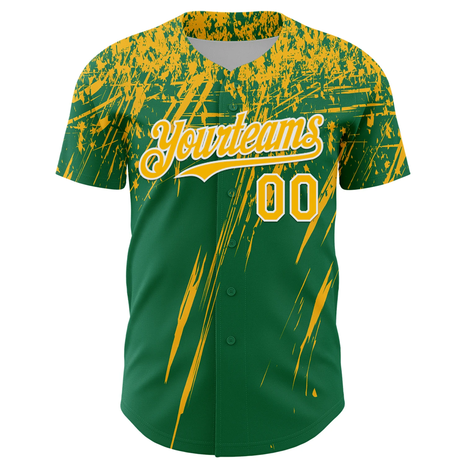 Custom Kelly Green Gold-White Distressed Scratch Brush Stroke Authentic Baseball Jersey - Image 2