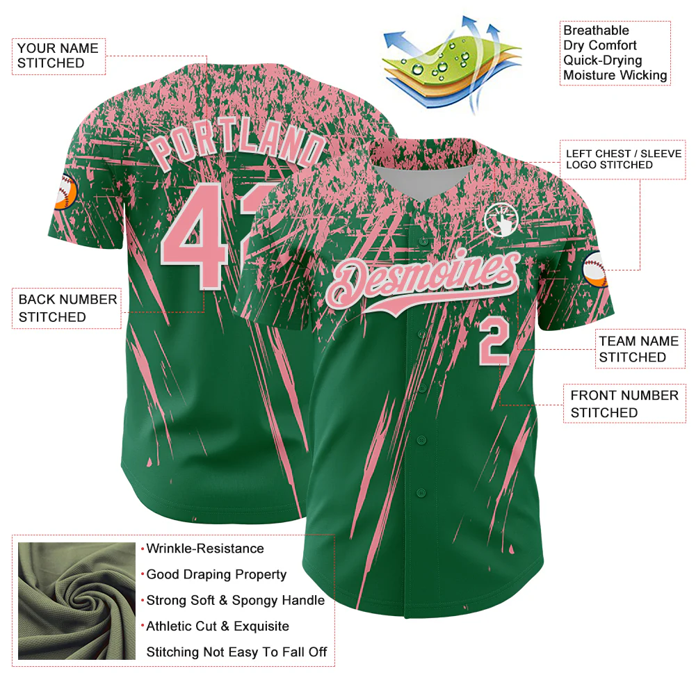 Custom Kelly Green Medium Pink-White Distressed Scratch Brush Stroke Authentic Baseball Jersey - Image 3