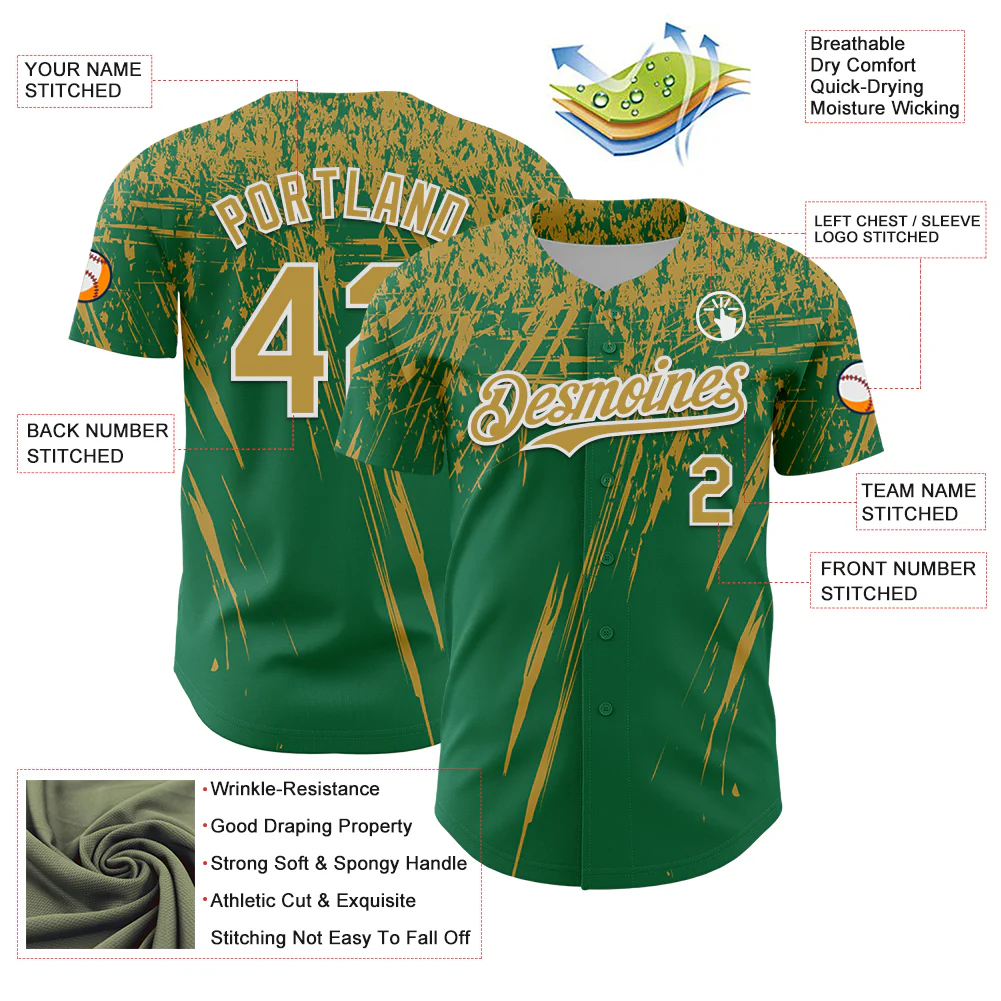 Custom Kelly Green Old Gold-White Distressed Scratch Brush Stroke Authentic Baseball Jersey - Image 3