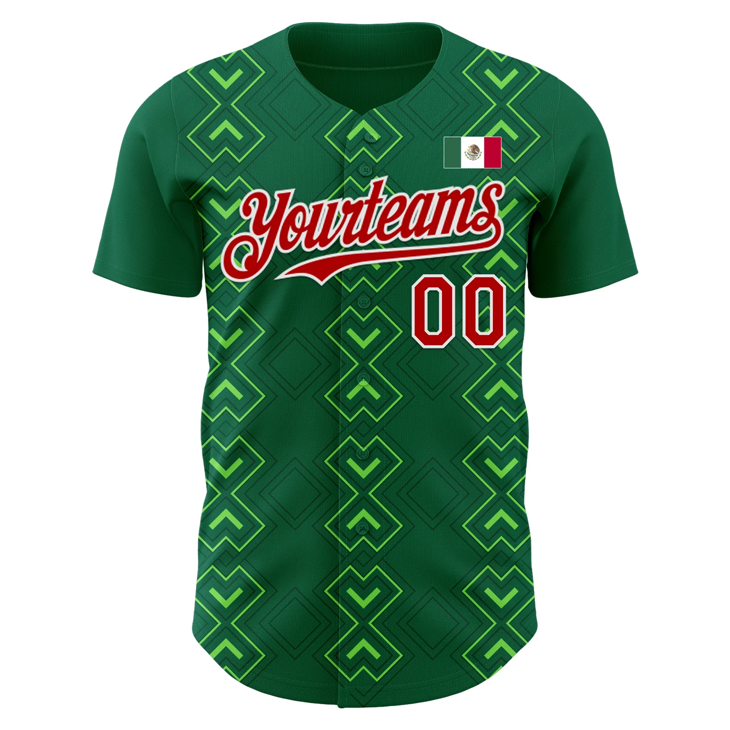 Custom Kelly Green Red-White 3D Mexico Mexican Flag Authentic Baseball Jersey - Image 2