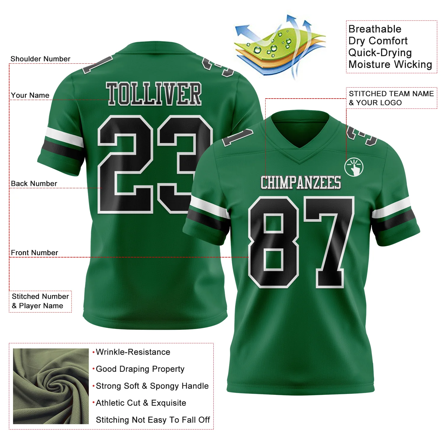 Custom Kelly Green Black-White Authentic Football Jersey - Image 3