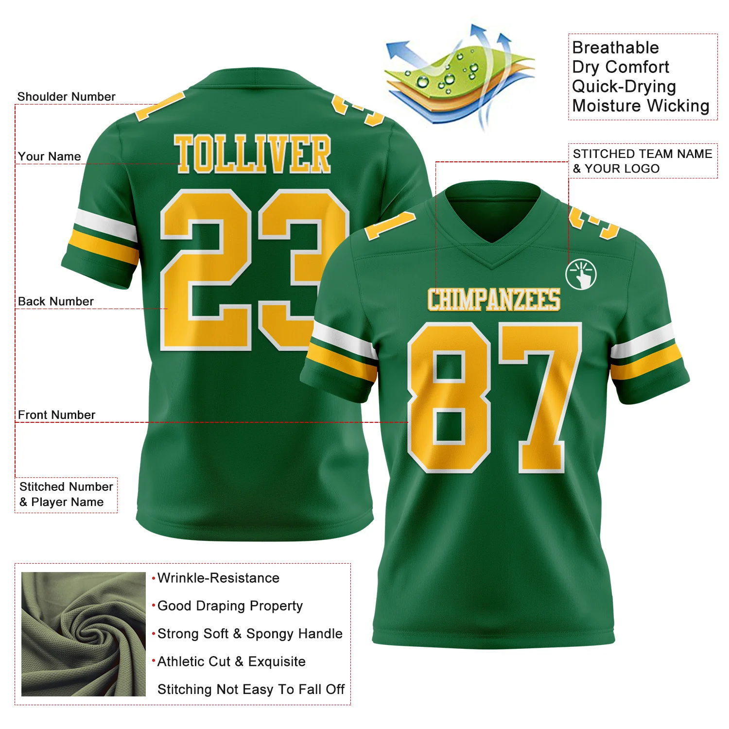Custom Kelly Green Gold-White Authentic Football Jersey - Image 3