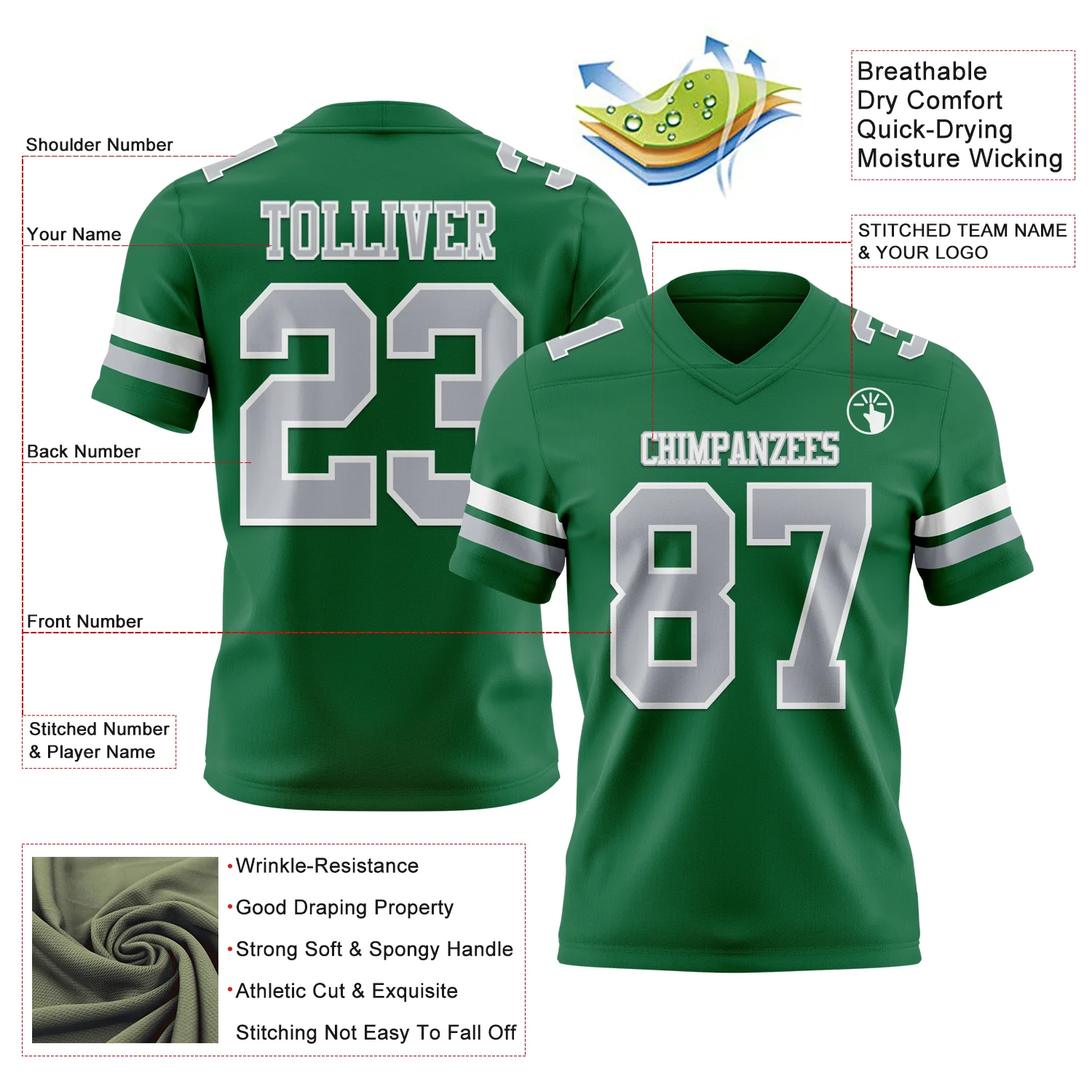 Custom Kelly Green Gray-White Authentic Football Jersey - Image 3