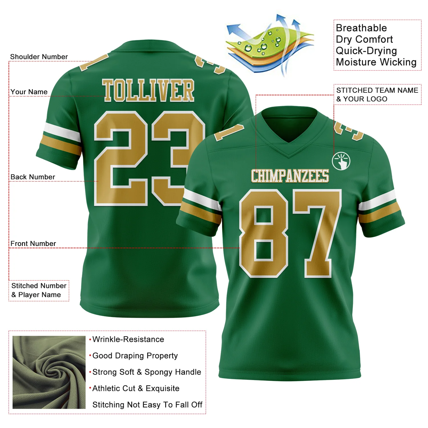 Custom Kelly Green Old Gold-White Authentic Football Jersey - Image 3