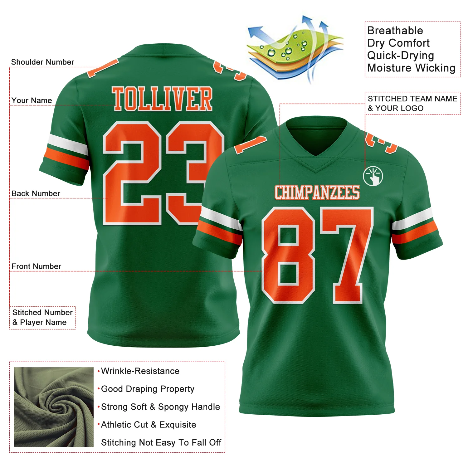 Custom Kelly Green Orange-White Authentic Football Jersey - Image 3