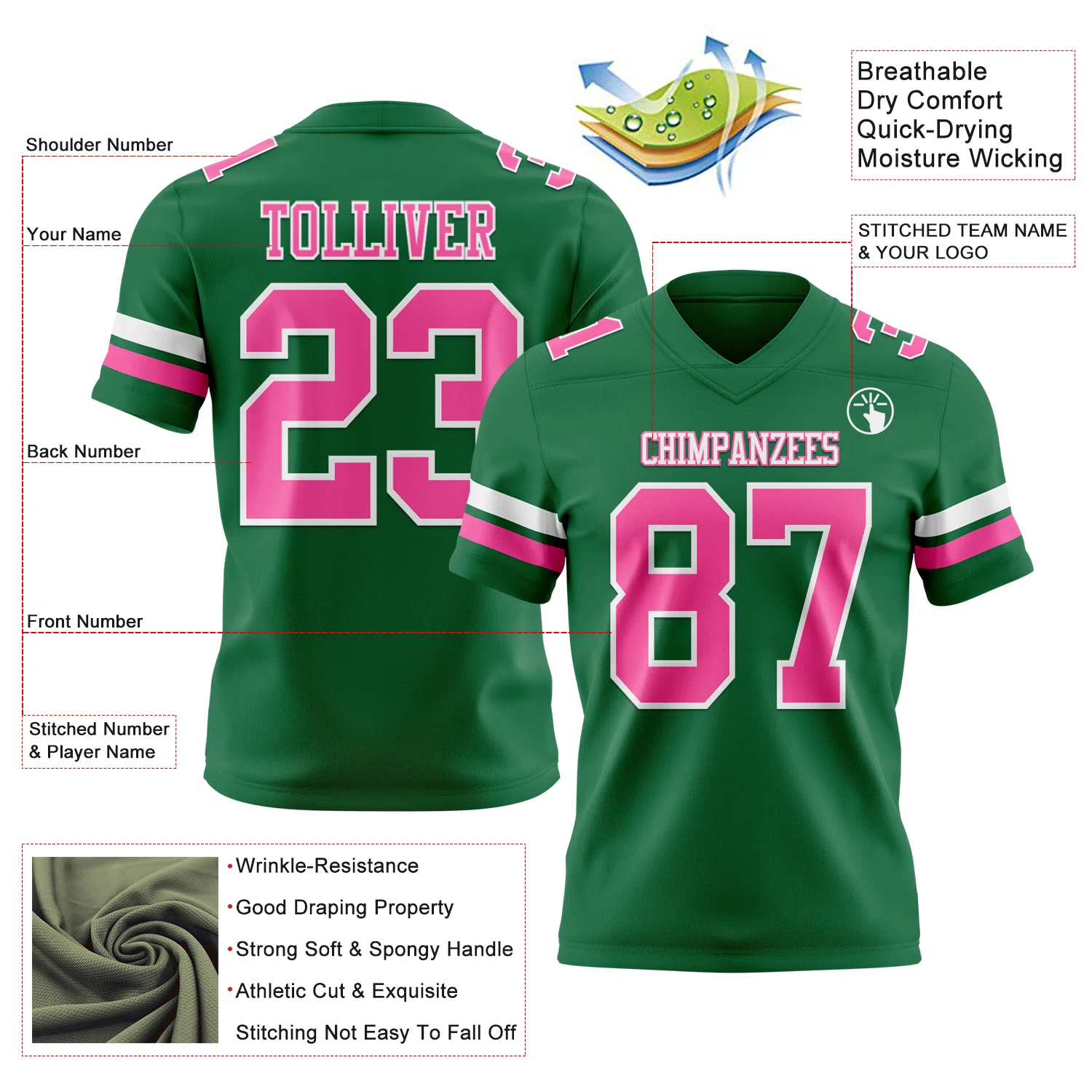 Custom Kelly Green Pink-White Authentic Football Jersey - Image 3