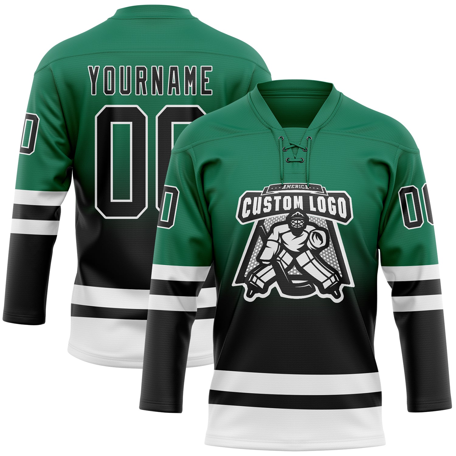 Custom Kelly Green Black-White Fade Fashion Hockey Lace Neck Jersey - Image 2