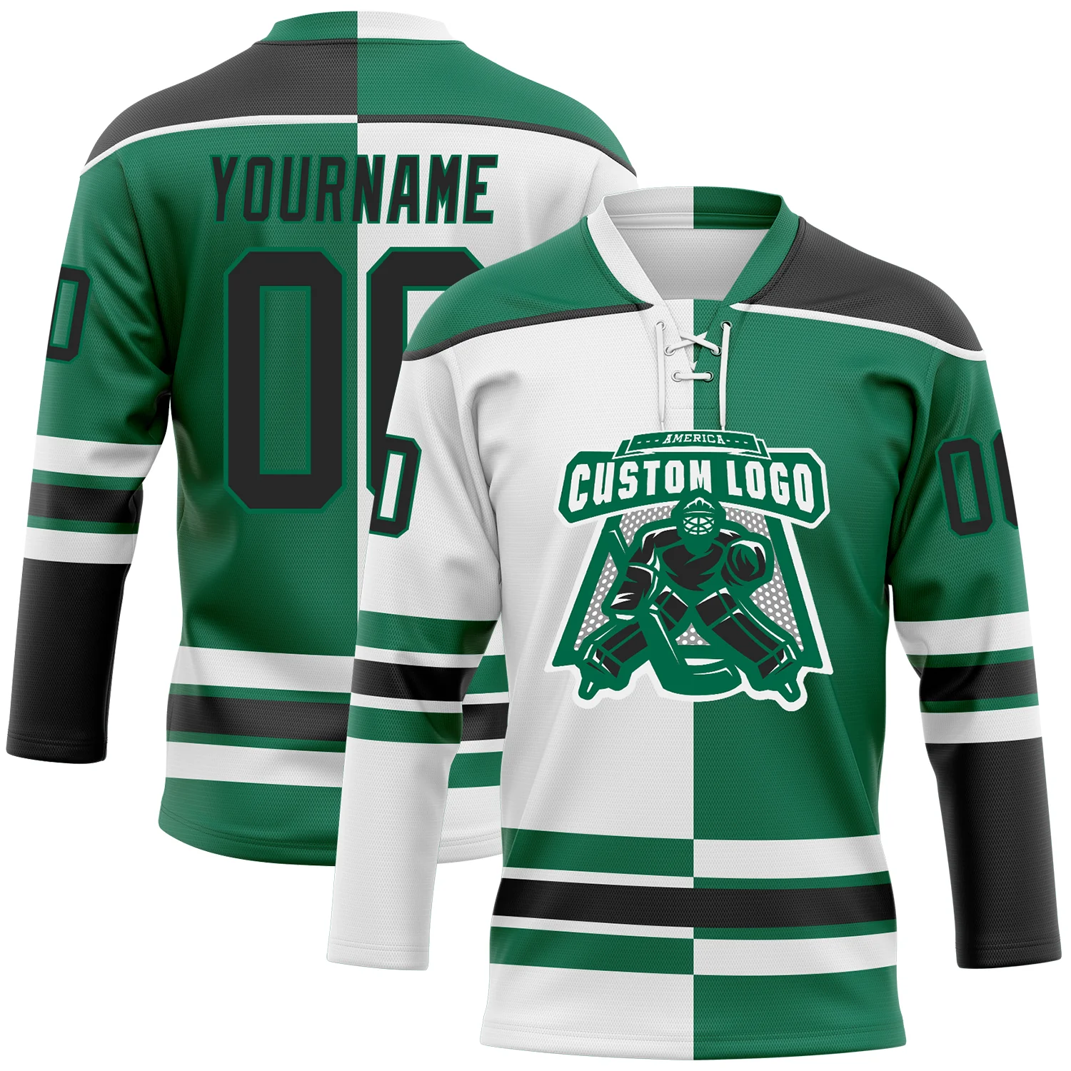 Custom Kelly Green Black-White Split Fashion Hockey Lace Neck Jersey - Image 2
