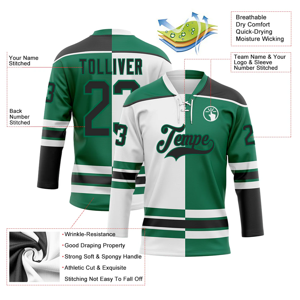 Custom Kelly Green Black-White Split Fashion Hockey Lace Neck Jersey - Image 3