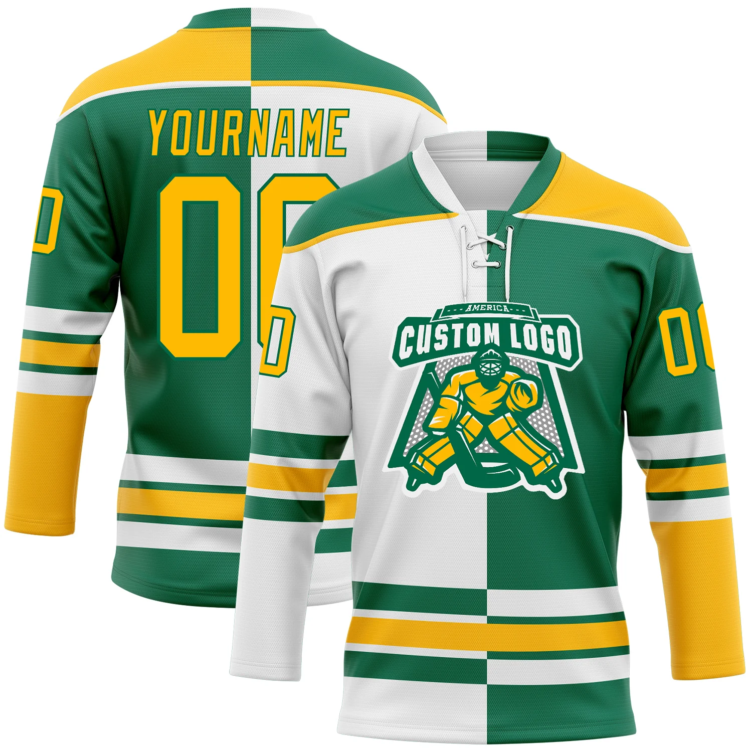 Custom Kelly Green Gold-White Split Fashion Hockey Lace Neck Jersey - Image 2