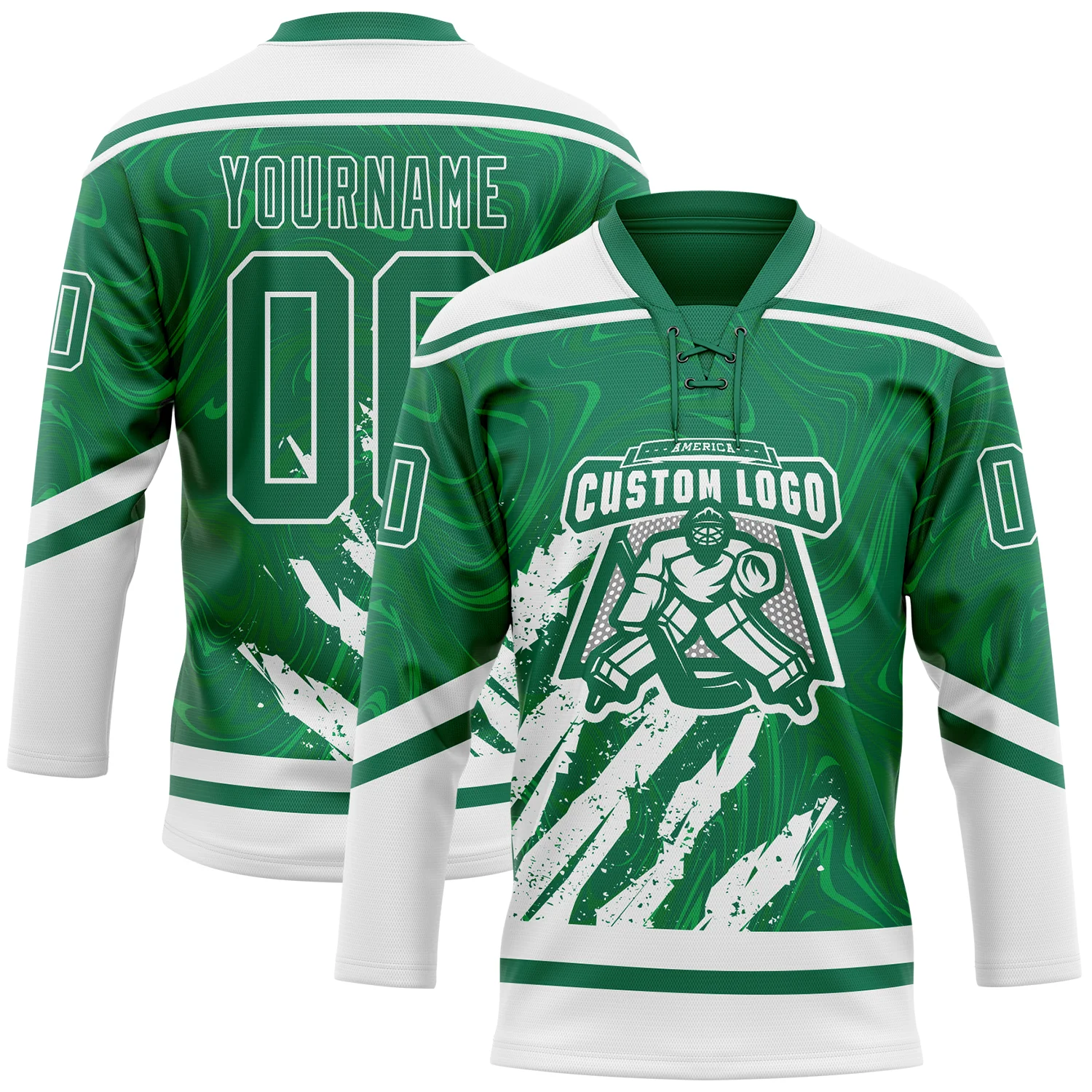 Custom Kelly Green White 3D Splash Art Hockey Lace Neck Jersey - Image 2