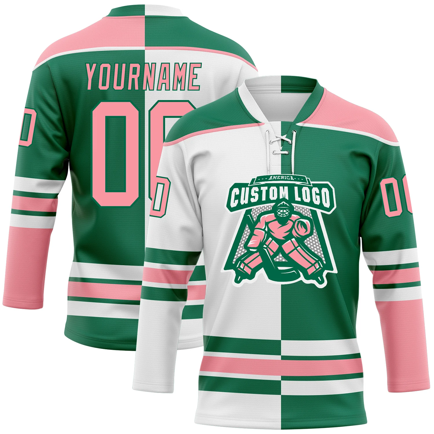 Custom Kelly Green Medium Pink-White Split Fashion Hockey Lace Neck Jersey - Image 2