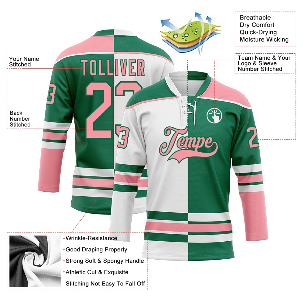 Custom Kelly Green Medium Pink-White Split Fashion Hockey Lace Neck Jersey - Image 3