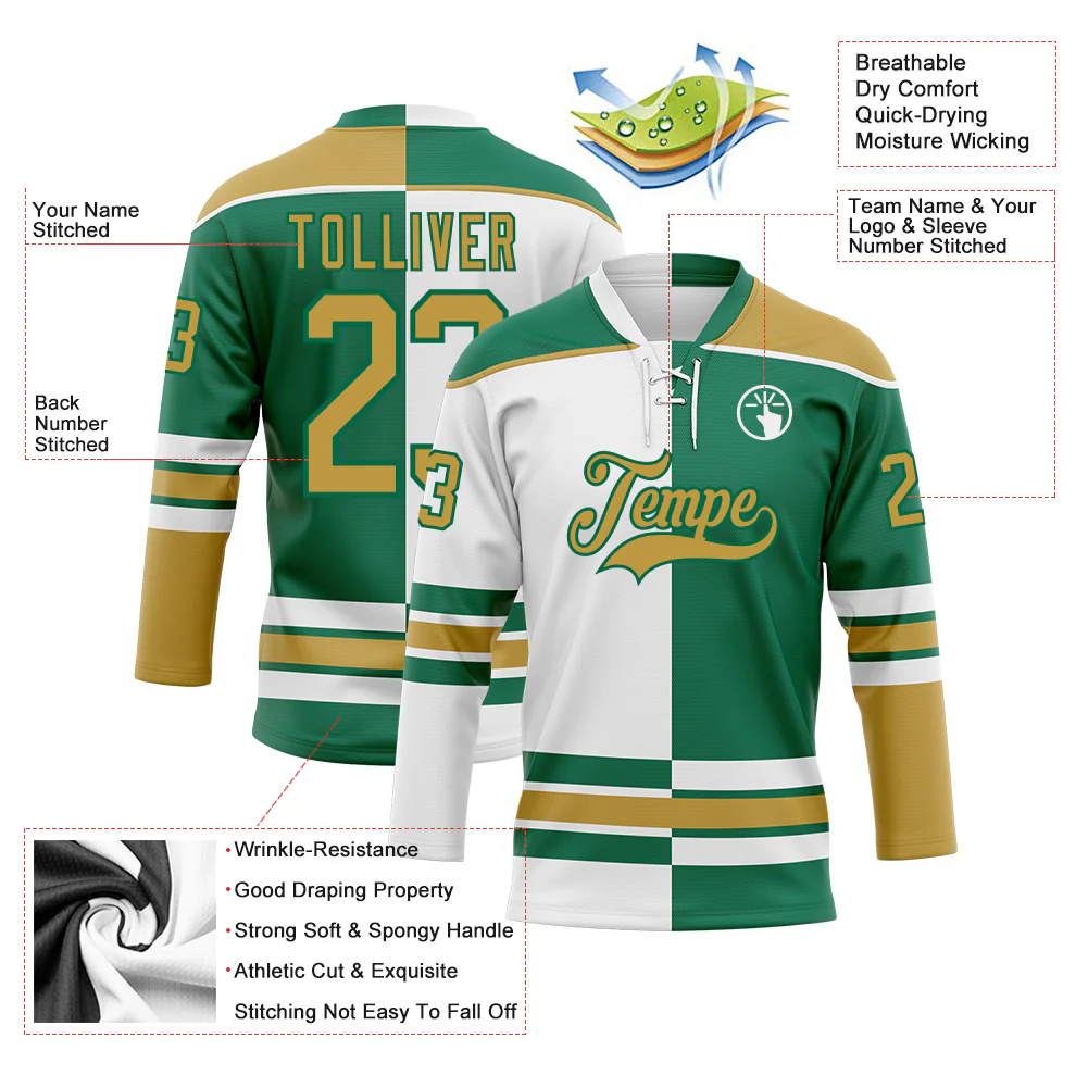 Custom Kelly Green Old Gold-White Split Fashion Hockey Lace Neck Jersey - Image 3