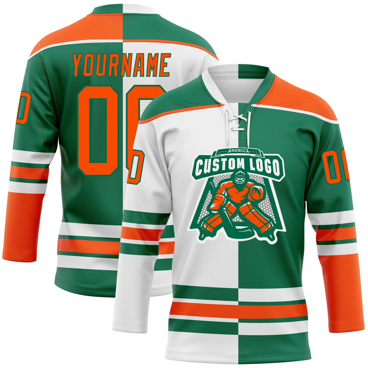 Custom Kelly Green Orange-White Split Fashion Hockey Lace Neck Jersey - Image 2