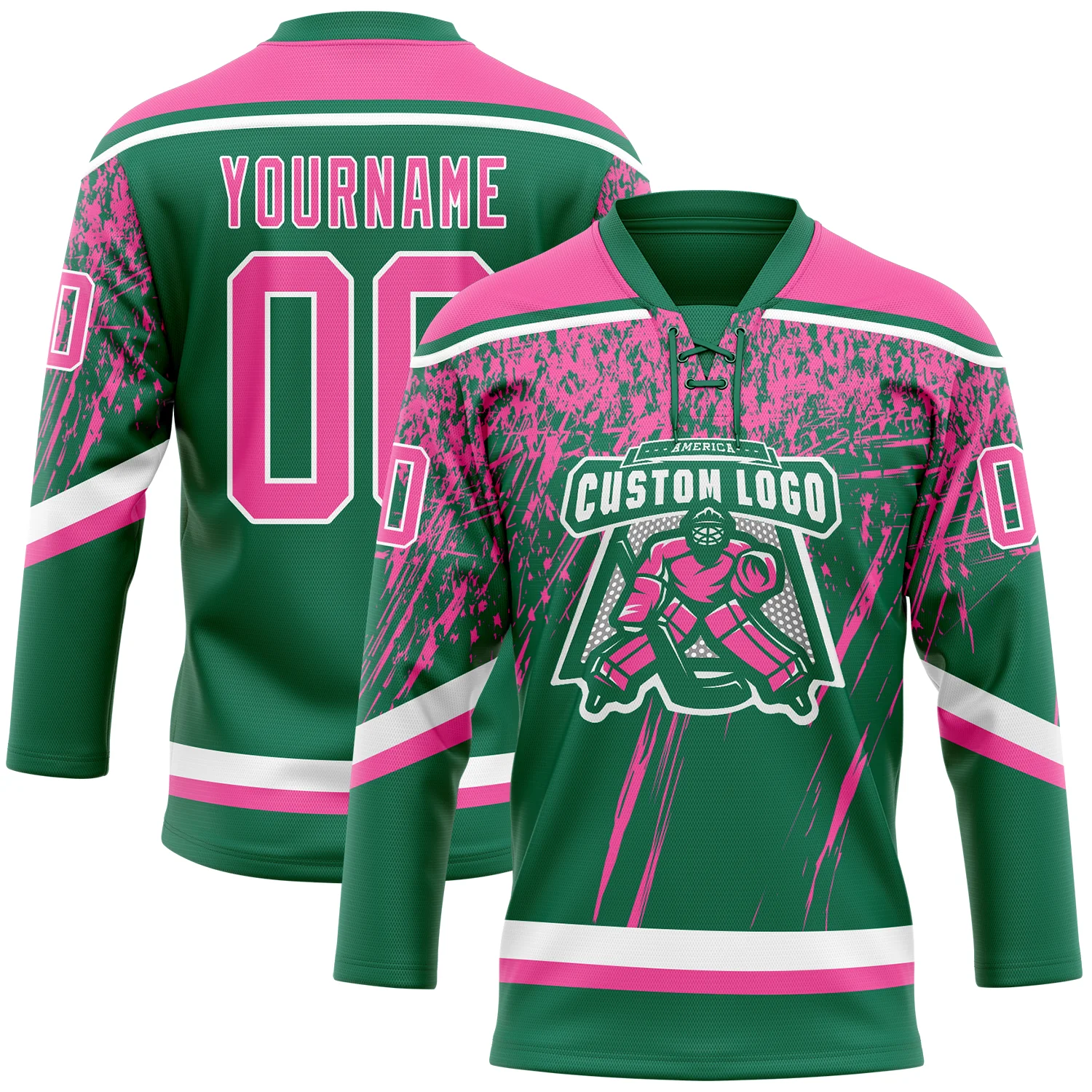 Custom Kelly Green Pink-White 3D Splash Hockey Lace Neck Jersey - Image 2