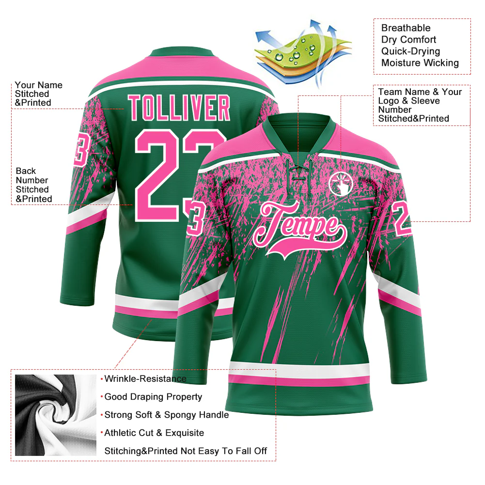 Custom Kelly Green Pink-White 3D Splash Hockey Lace Neck Jersey - Image 3