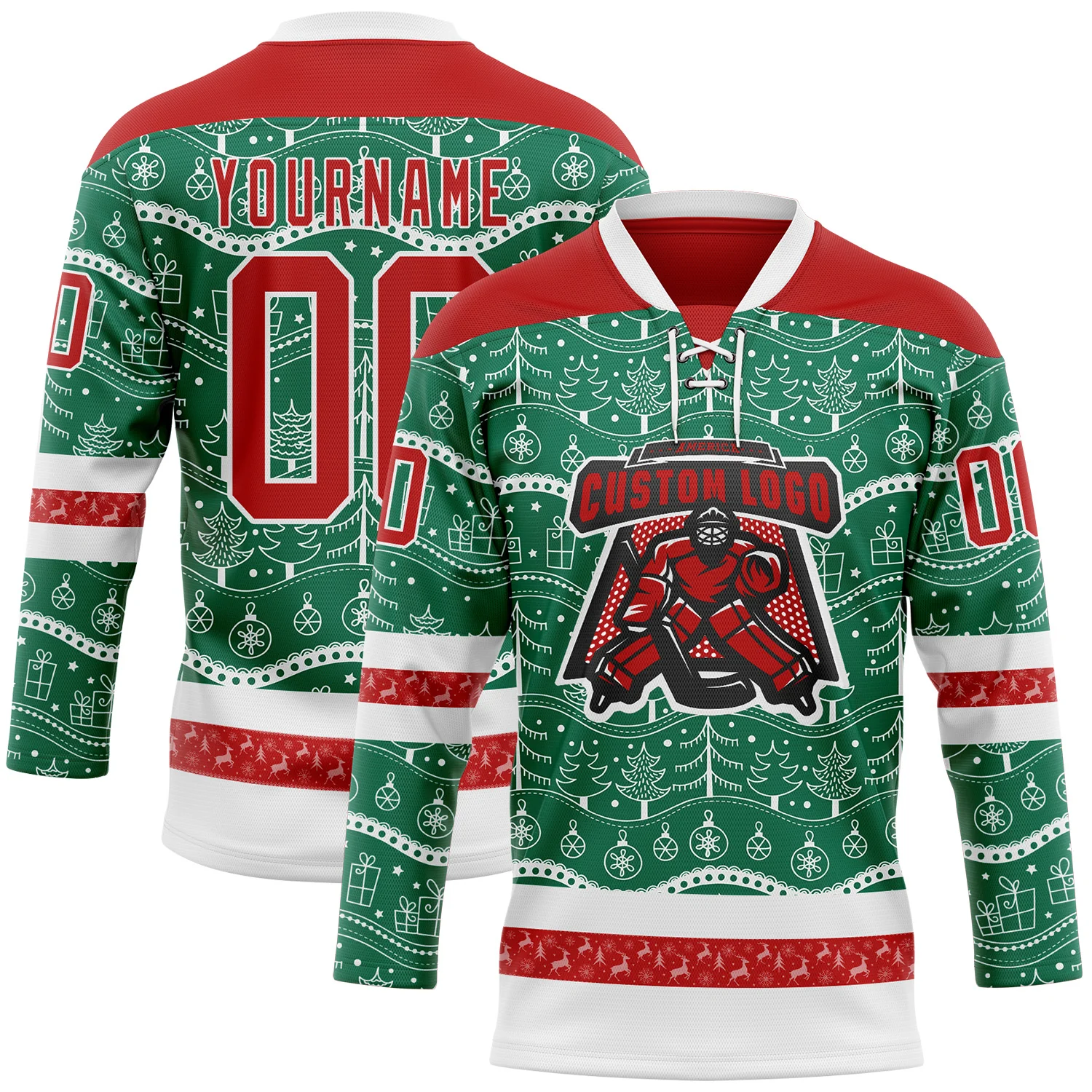 Custom Kelly Green Red-White 3D Christmas Hockey Lace Neck Jersey - Image 2