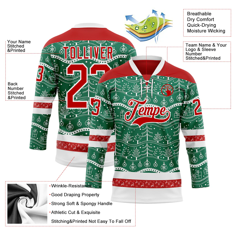 Custom Kelly Green Red-White 3D Christmas Hockey Lace Neck Jersey - Image 3