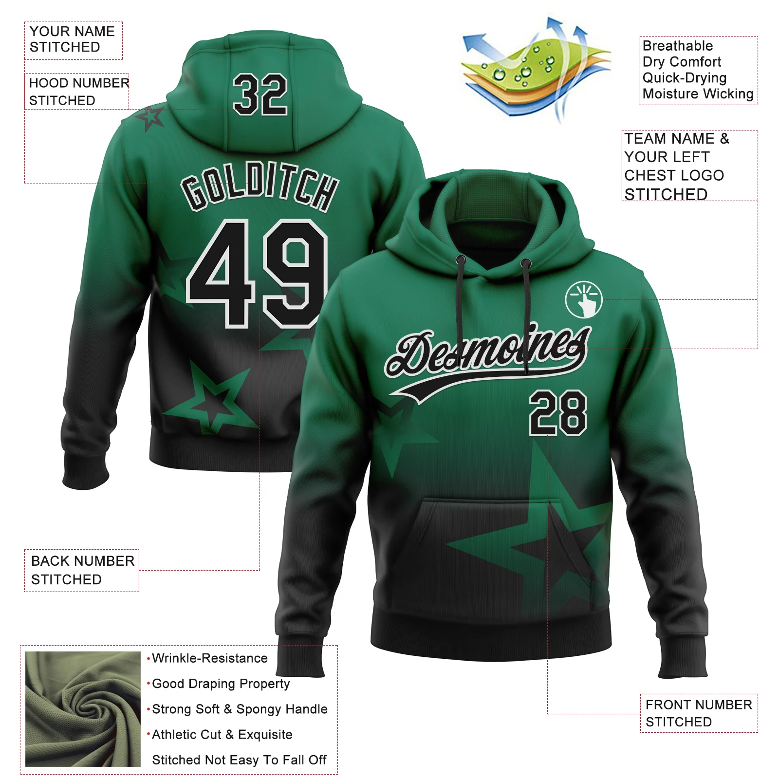 Custom Stitched Kelly Green Black-White Gradient Style Twinkle Star Sports Pullover Sweatshirt Hoodie - Image 4