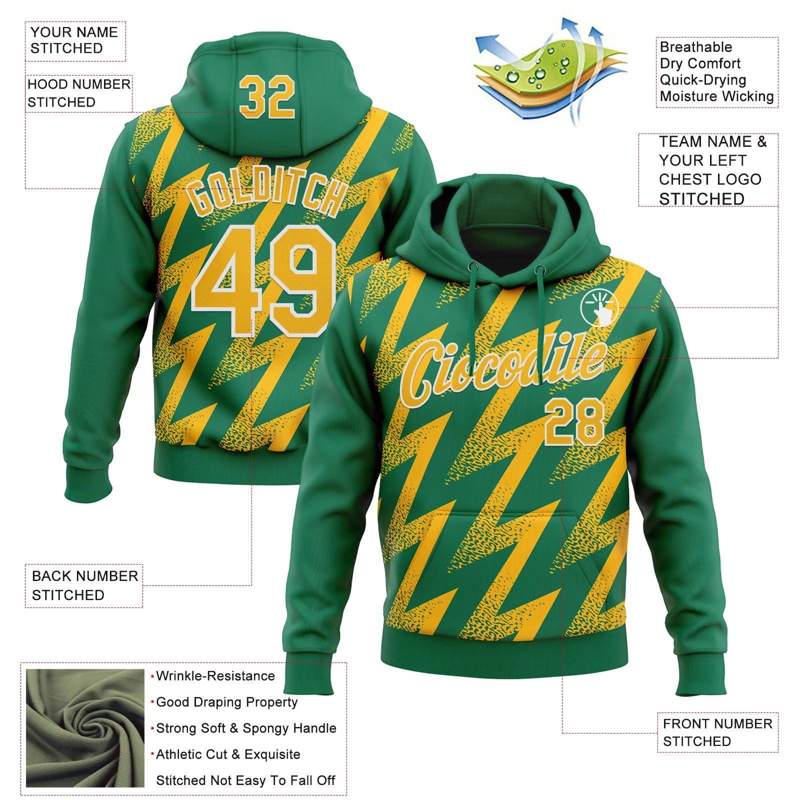 Custom Stitched Kelly Green Gold-White Zigzag Shape Sports Pullover Sweatshirt Hoodie - Image 4
