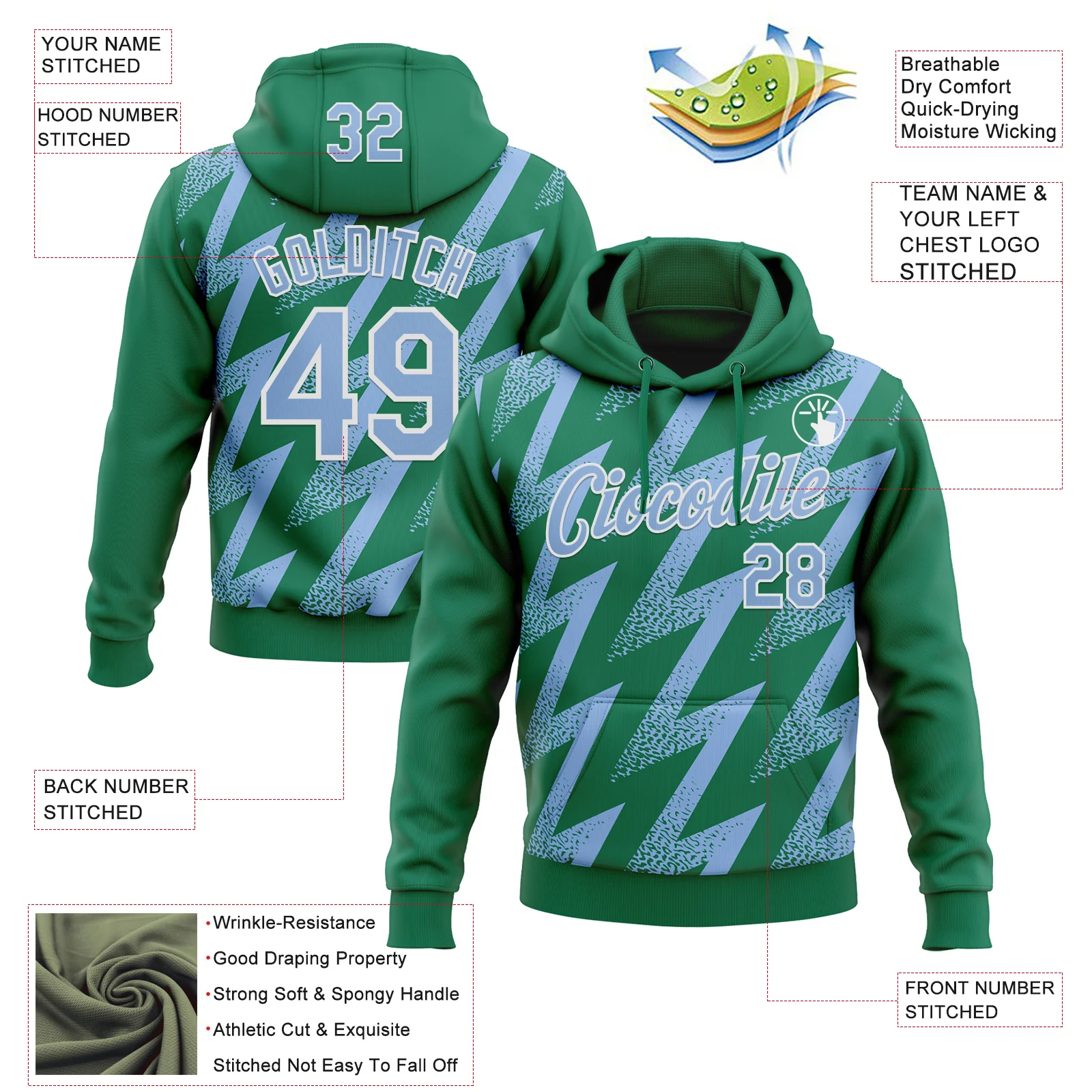 Custom Stitched Kelly Green Light Blue-White Zigzag Shape Sports Pullover Sweatshirt Hoodie - Image 4