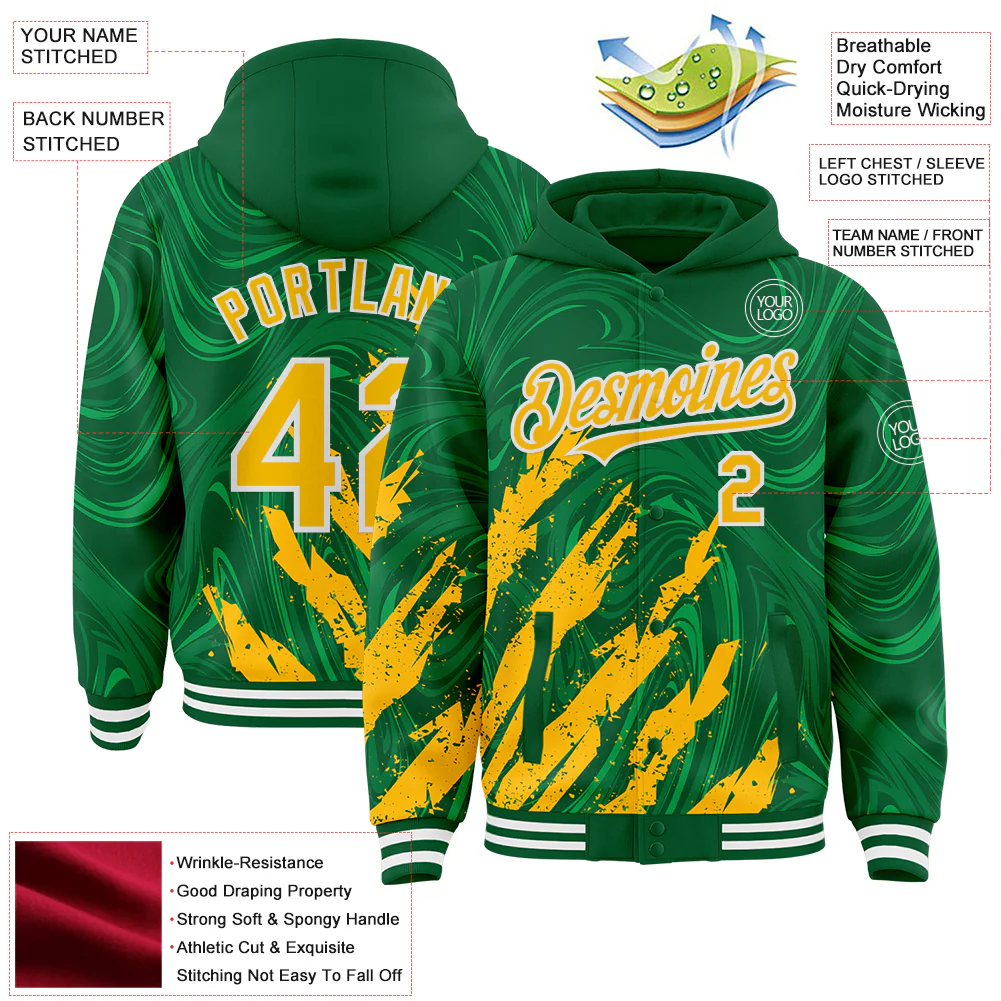 Custom Kelly Green Gold-White Splash Bomber Full-Snap Varsity Letterman Hoodie Jacket - Image 4