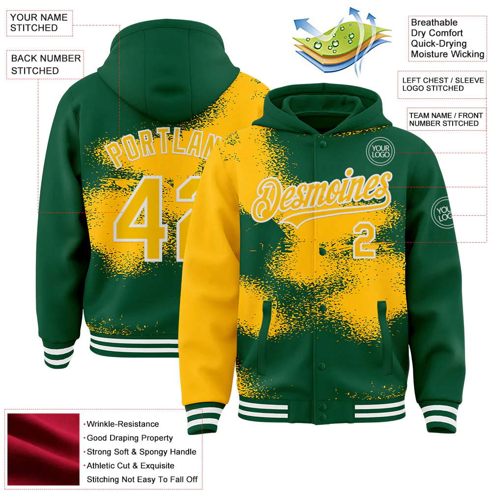 Custom Kelly Green Gold-White Abstract Color Blocks Fragment Pattern Bomber Full-Snap Varsity Letterman Hoodie Jacket - Image 4