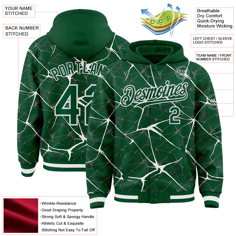 Custom Kelly Green White Abstract Network 3D Pattern Design Bomber Full-Snap Varsity Letterman Hoodie Jacket - Image 4