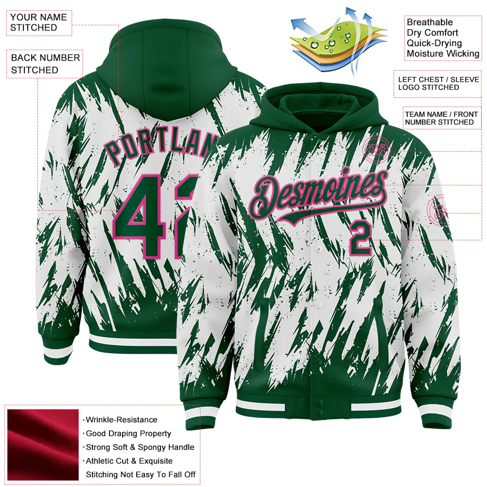 Custom Kelly Green White-Pink Abstract Sharp Shape Fragment Pattern Bomber Full-Snap Varsity Letterman Hoodie Jacket - Image 4