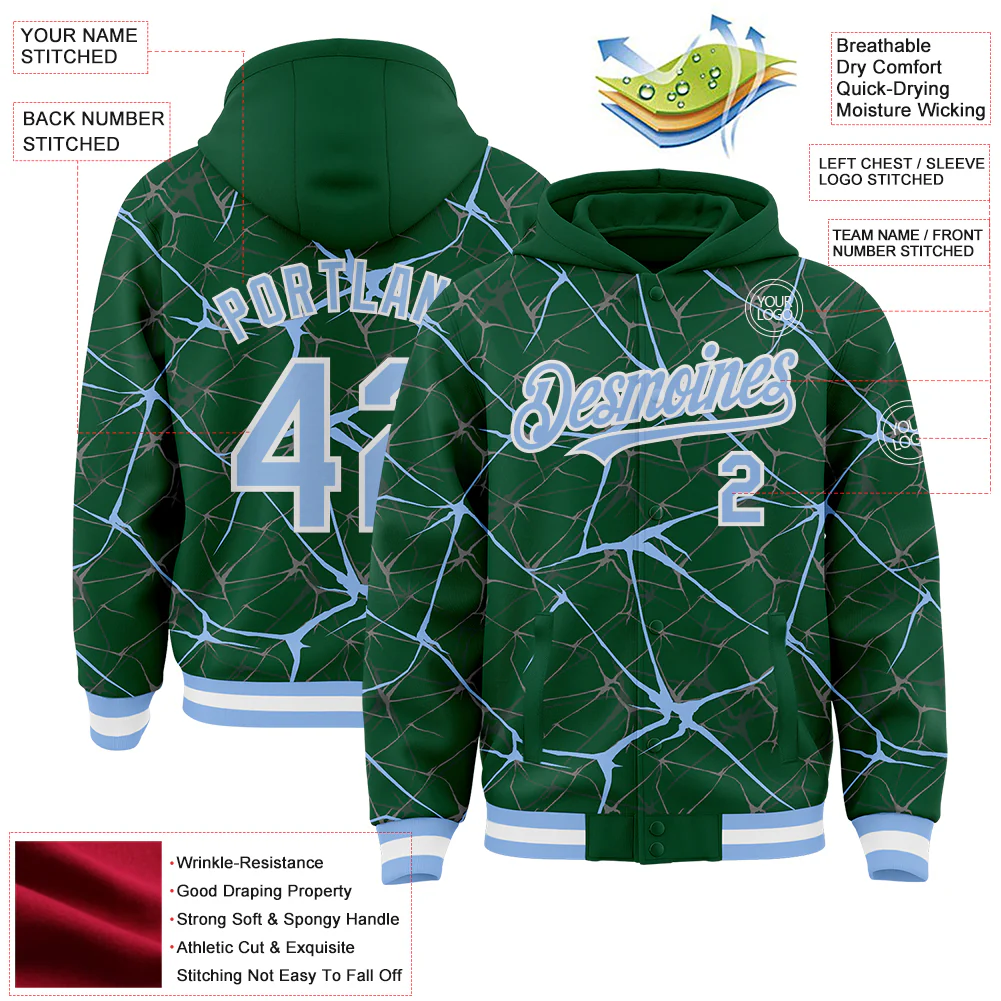 Custom Kelly Green Light Blue-White Abstract Network 3D Pattern Design Bomber Full-Snap Varsity Letterman Hoodie Jacket - Image 4