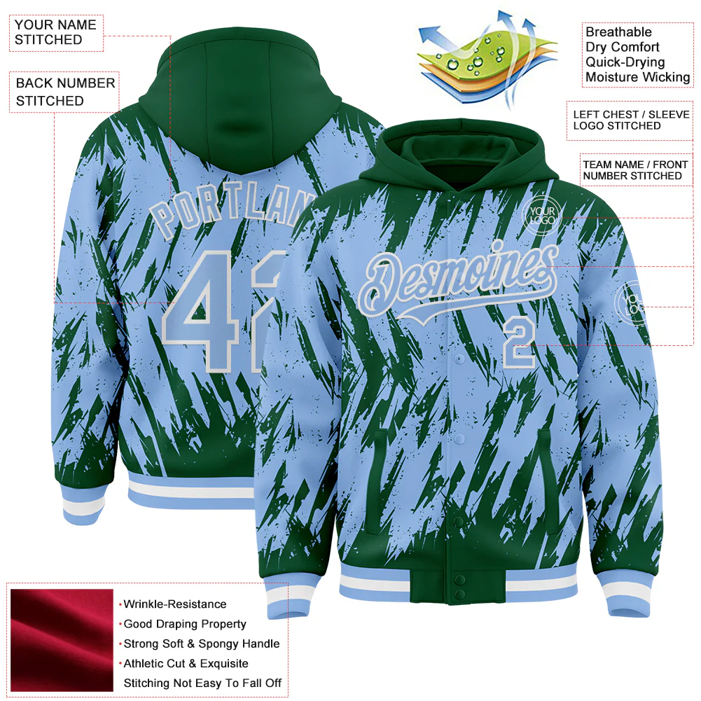 Custom Kelly Green Light Blue-White Abstract Sharp Shape Fragment Pattern Bomber Full-Snap Varsity Letterman Hoodie Jacket - Image 4