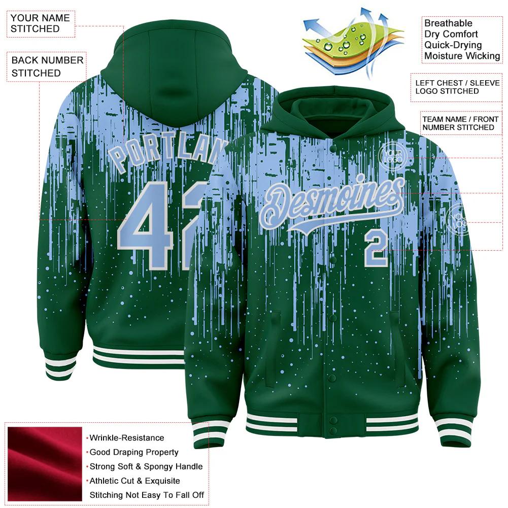 Custom Kelly Green Light Blue-White Dripping Splatter Bomber Full-Snap Varsity Letterman Hoodie Jacket - Image 4