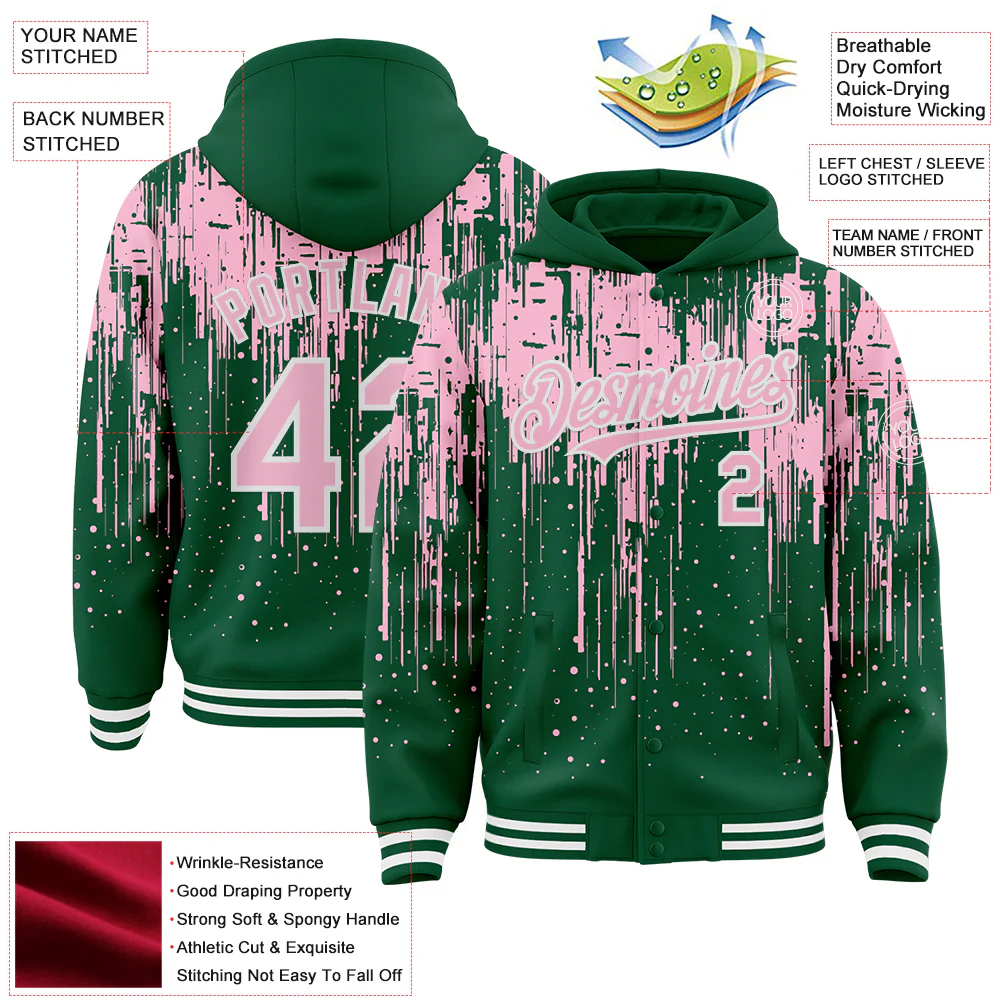 Custom Kelly Green Light Pink-White Dripping Splatter Bomber Full-Snap Varsity Letterman Hoodie Jacket - Image 4
