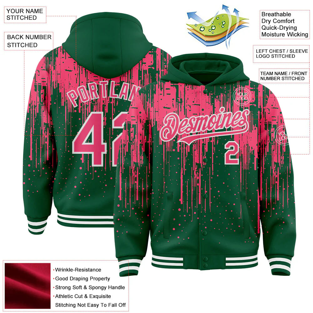Custom Kelly Green Neon Pink-White Dripping Splatter Bomber Full-Snap Varsity Letterman Hoodie Jacket - Image 4