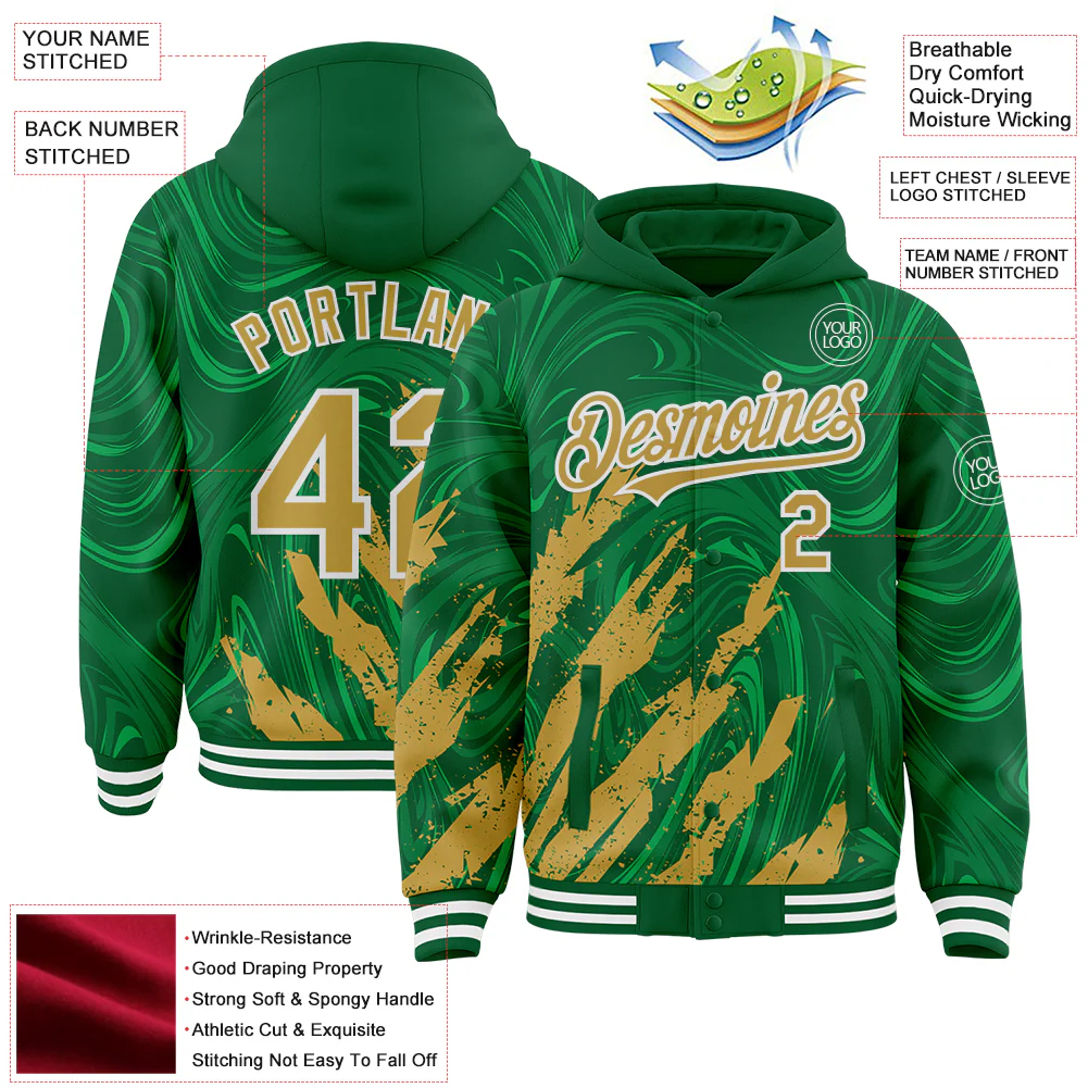 Custom Kelly Green Old Gold-White Splash Bomber Full-Snap Varsity Letterman Hoodie Jacket - Image 4