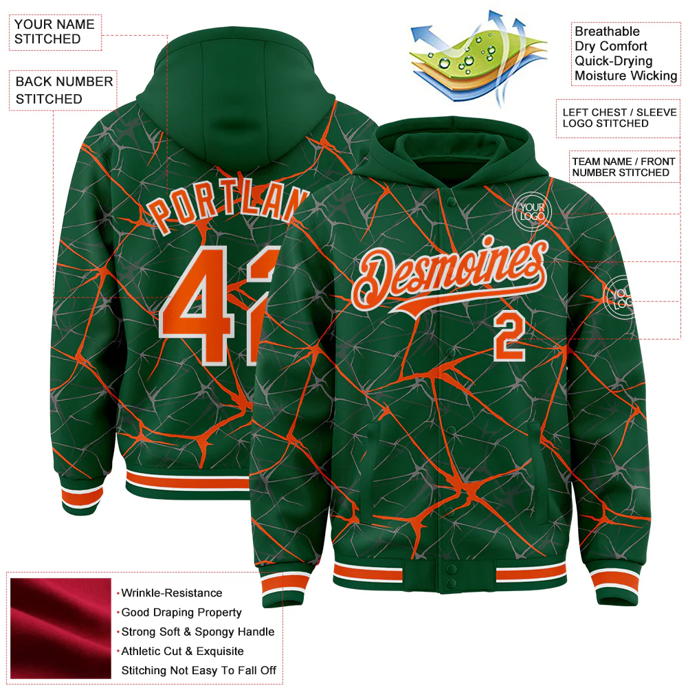 Custom Kelly Green Orange-White Abstract Network 3D Pattern Design Bomber Full-Snap Varsity Letterman Hoodie Jacket - Image 4