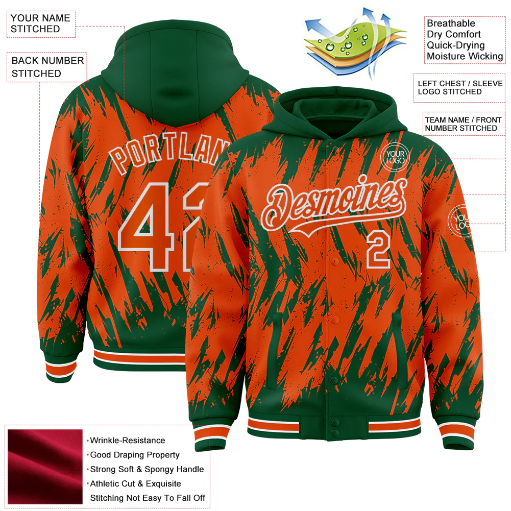 Custom Kelly Green Orange-White Abstract Sharp Shape Fragment Pattern Bomber Full-Snap Varsity Letterman Hoodie Jacket - Image 4