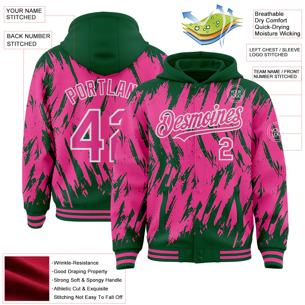 Custom Kelly Green Pink-White Abstract Sharp Shape Fragment Pattern Bomber Full-Snap Varsity Letterman Hoodie Jacket - Image 4