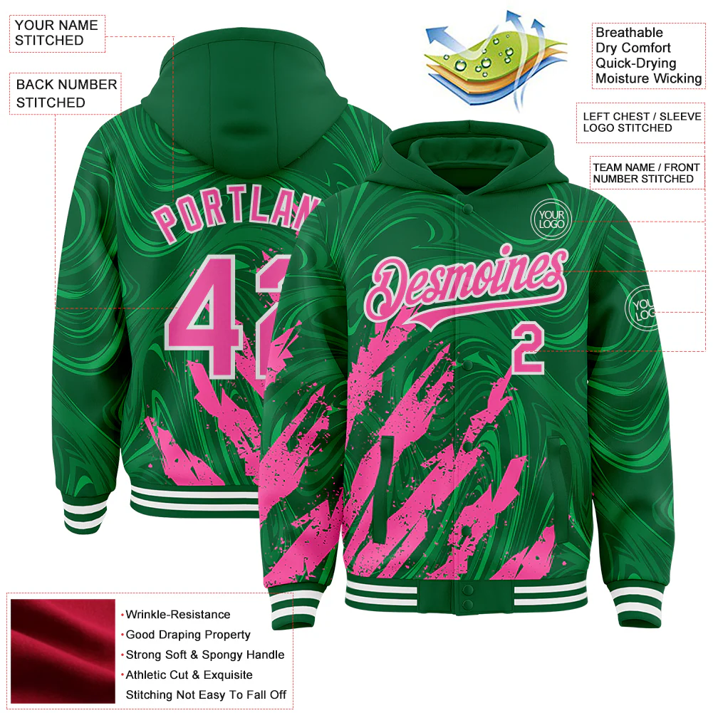 Custom Kelly Green Pink-White Splash Bomber Full-Snap Varsity Letterman Hoodie Jacket - Image 4
