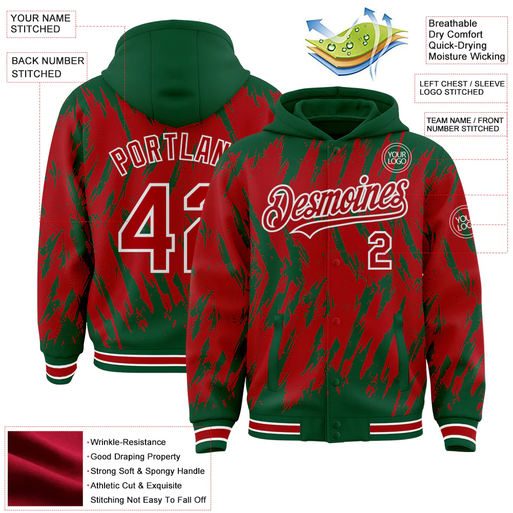 Custom Kelly Green Red-White Abstract Sharp Shape Fragment Pattern Bomber Full-Snap Varsity Letterman Hoodie Jacket - Image 4