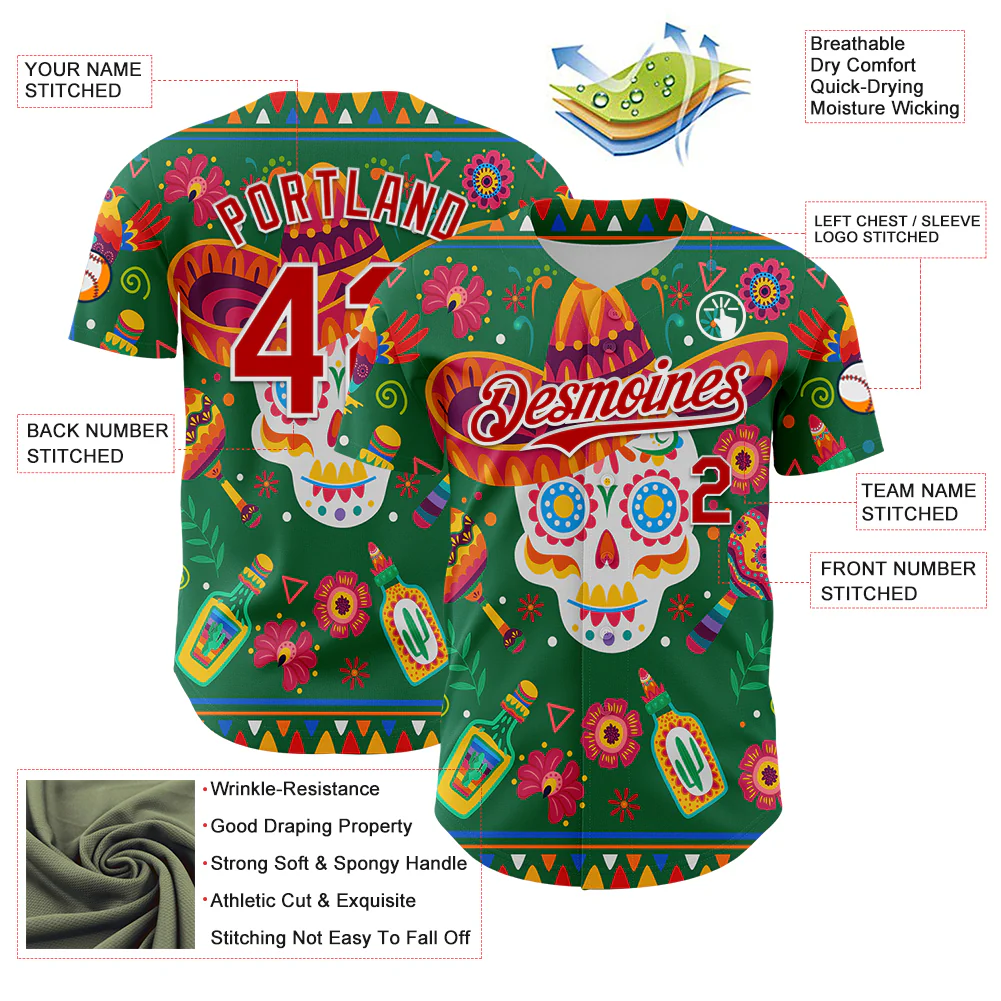 Custom Kelly Green Red-White 3D Mexican Festival Flower Skull With Sombrero Cinco de Mayo Authentic Baseball Jersey - Image 3