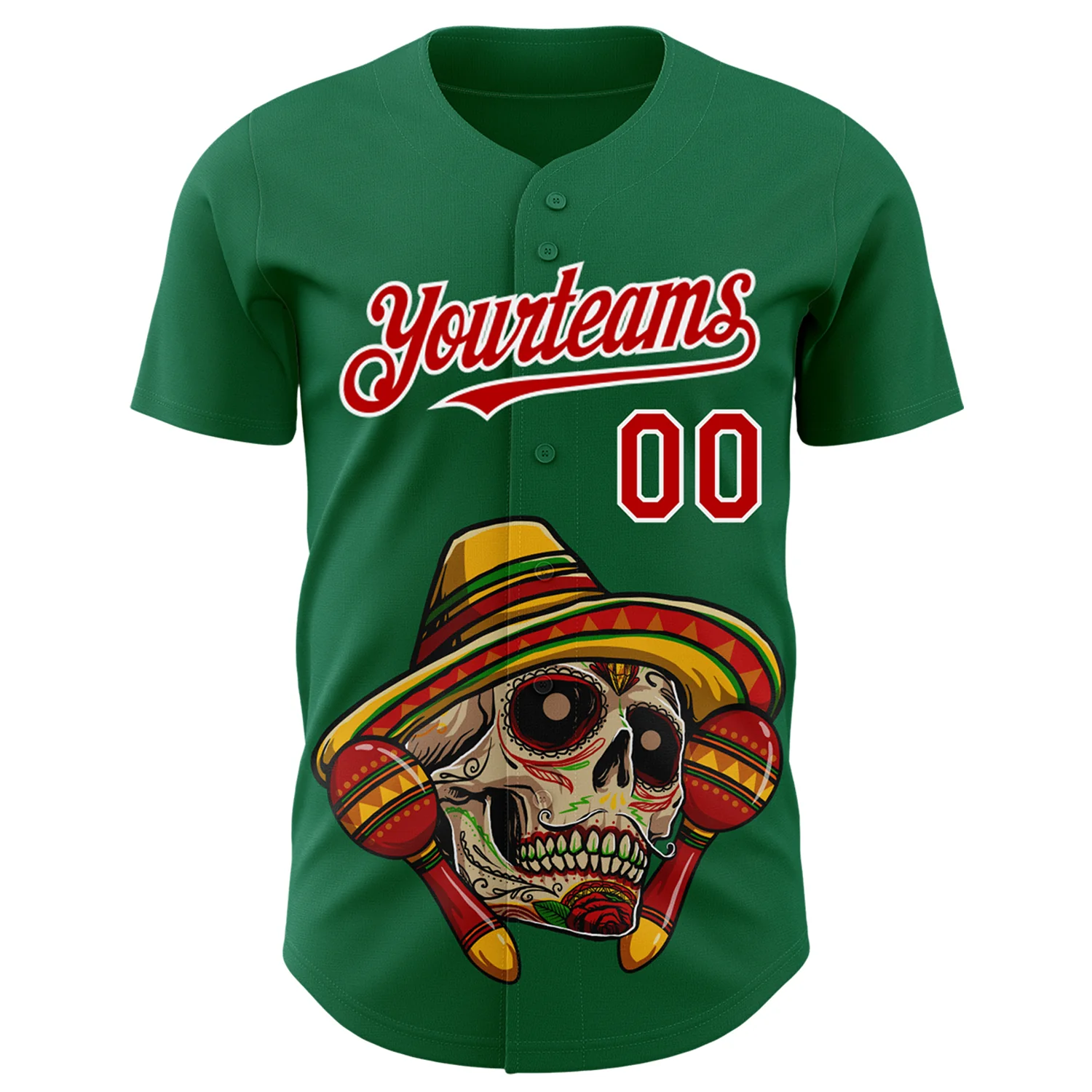 Custom Kelly Green Red-White 3D Mexican Festival Skull With Sombrero Cinco de Mayo Authentic Baseball Jersey - Image 2