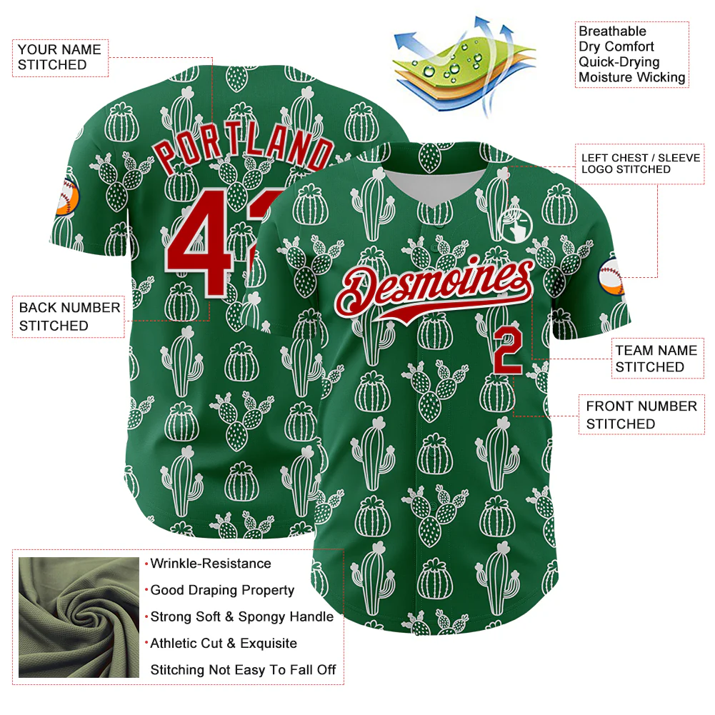 Custom Kelly Green Red-White 3D Mexican Cactus Authentic Baseball Jersey - Image 3