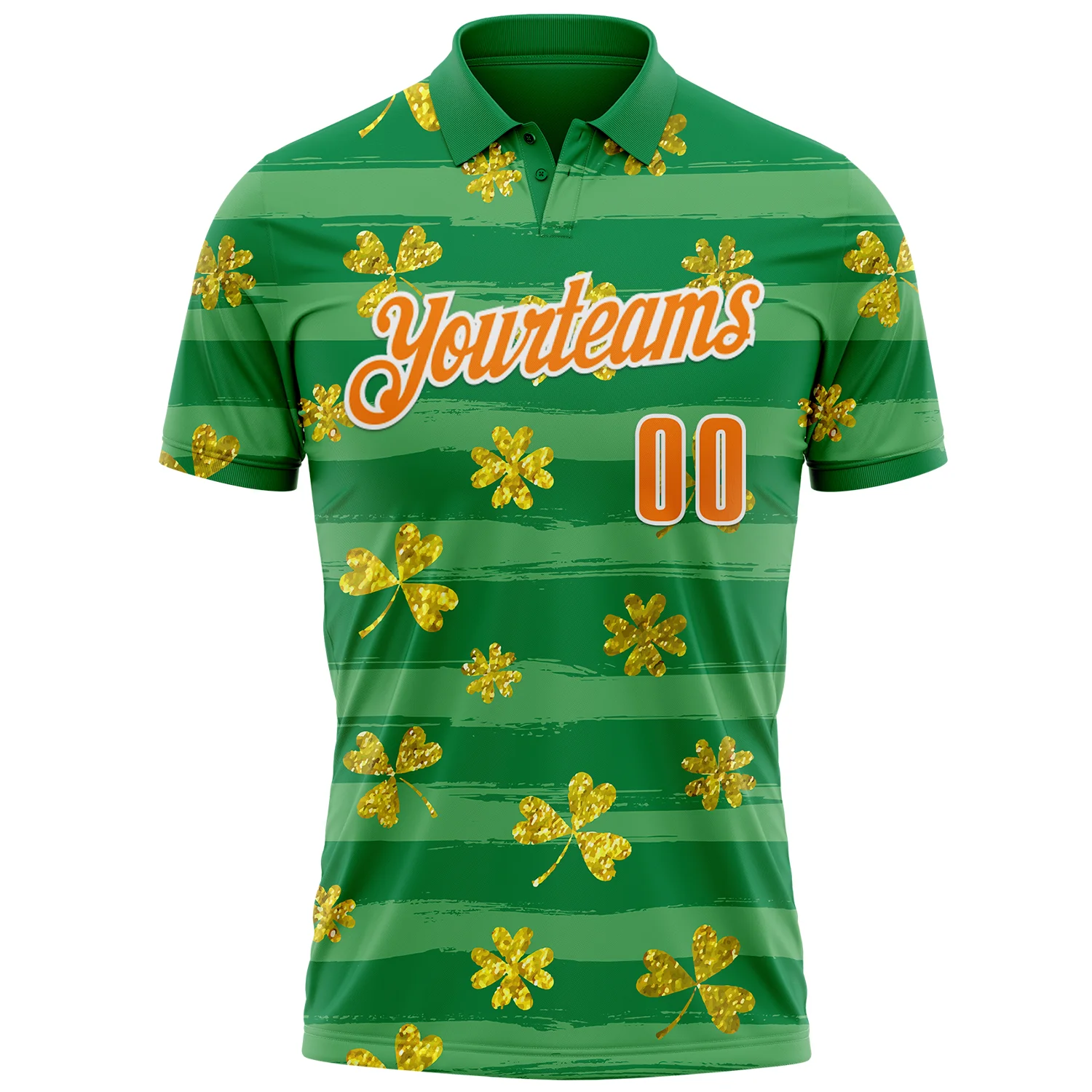 Custom Kelly Green Bay Orange-White 3D St. Patrick's Day Shamrock Performance Polo Shirt - Image 2